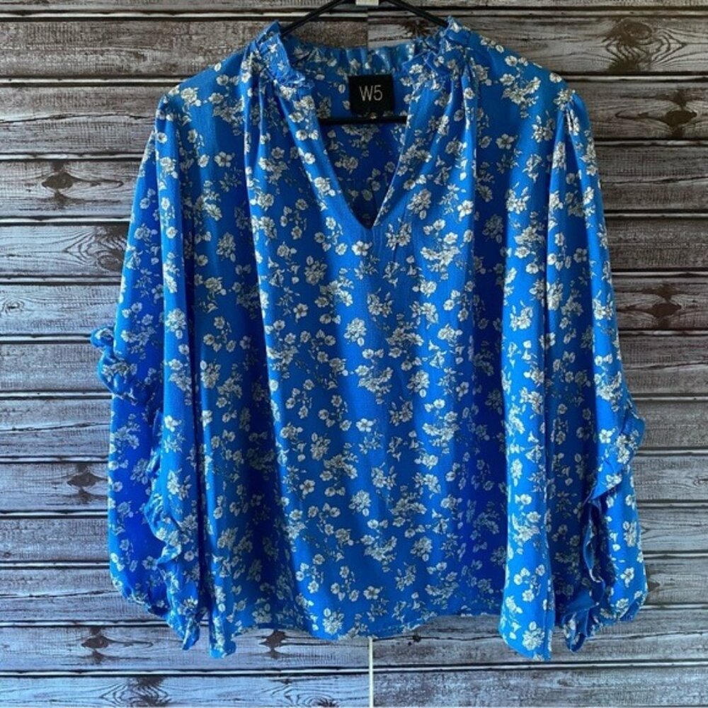 W5 Blue Floral V-Neck Women's Blouse